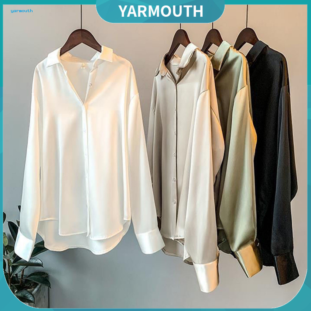Women Satin Shirt Versatile Button-down Blouse Women’s Long Sleeve Lapel Collar Single Breasted Loose Fit Solid Color