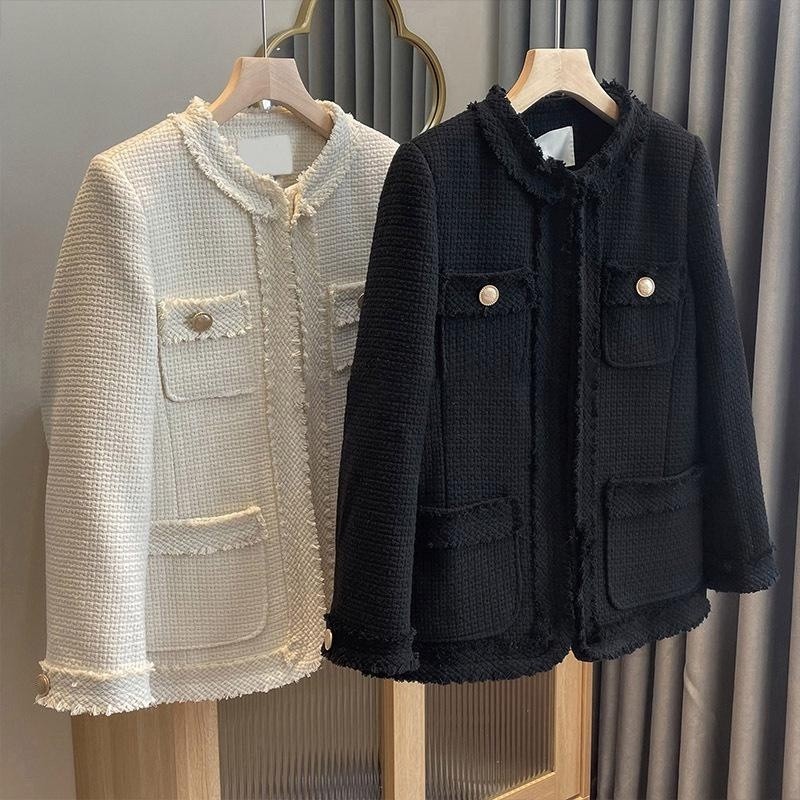 S-XXL Mulher Blazer Jacket Tweed Round Neck Slim Loose Spring Autumn Fashion Casual Elegante Escritório Formal