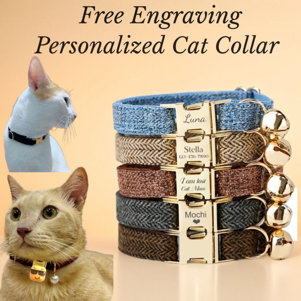 Coleira De Gato De Tecido Tweed , Conjunto De Gravata Borboleta , Fivela De Ouro Aberta Lateral , Etiqueta De Nome Grava
