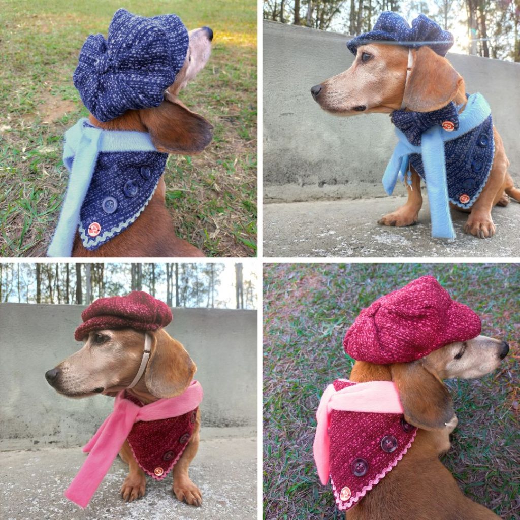 Bandana Pet Tweed Boina com Cachecol Outono Inverno + Laço