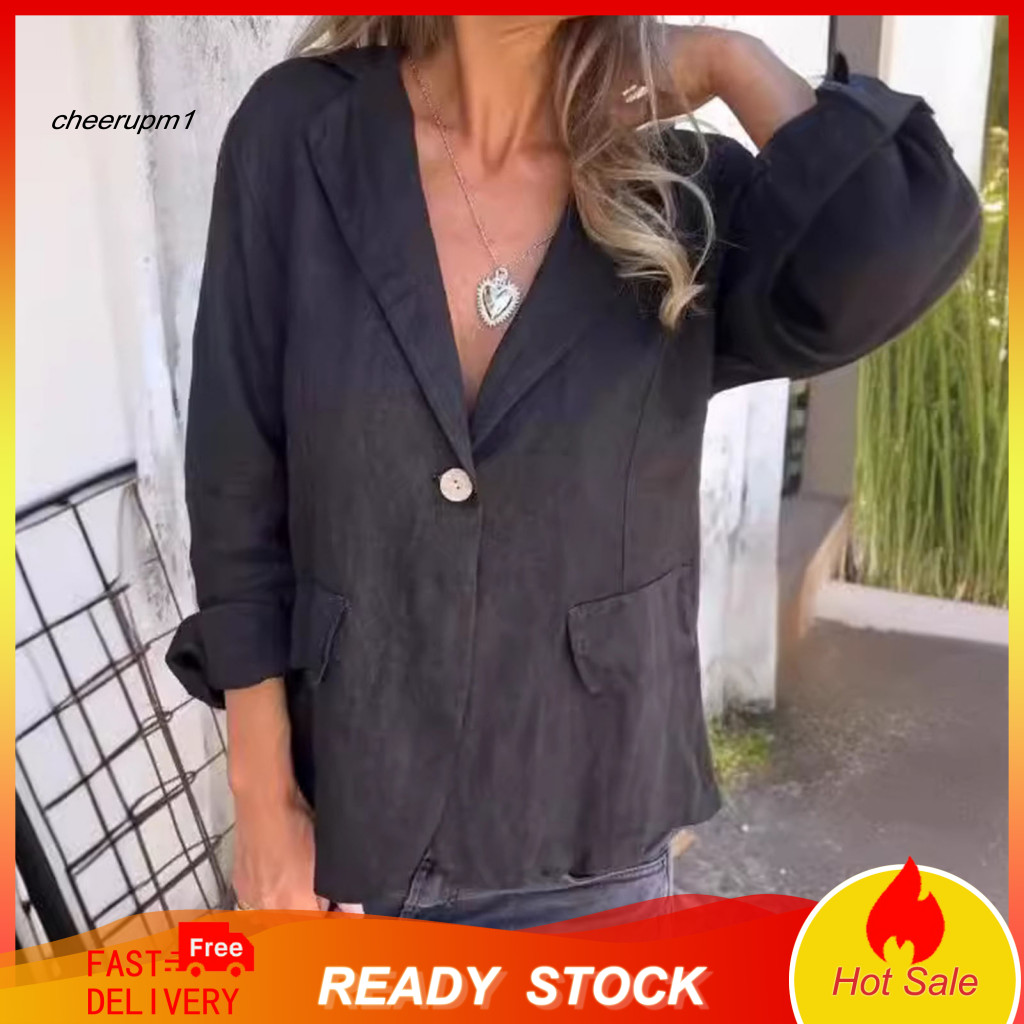 Suit Coat Urban Style Women’s Business Jacket Lapel V-neck Long Sleeve Blazer with Flap Pockets Solid Color Spring Aut