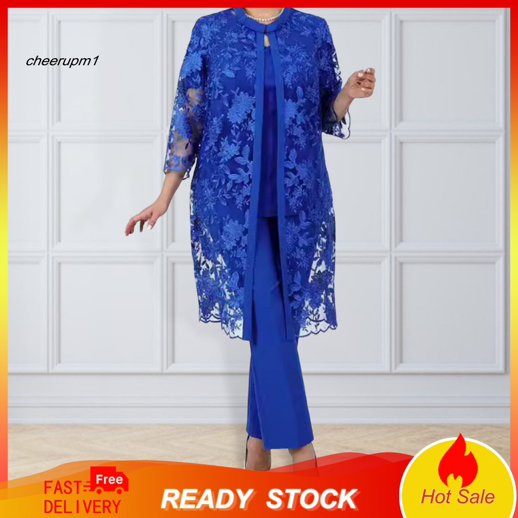 Mother Banquet Clothes Women Top Coat Pants Suit 3 Pcs Formal Set – Lace Embroidered Mid-length Round Neck Wide Leg El