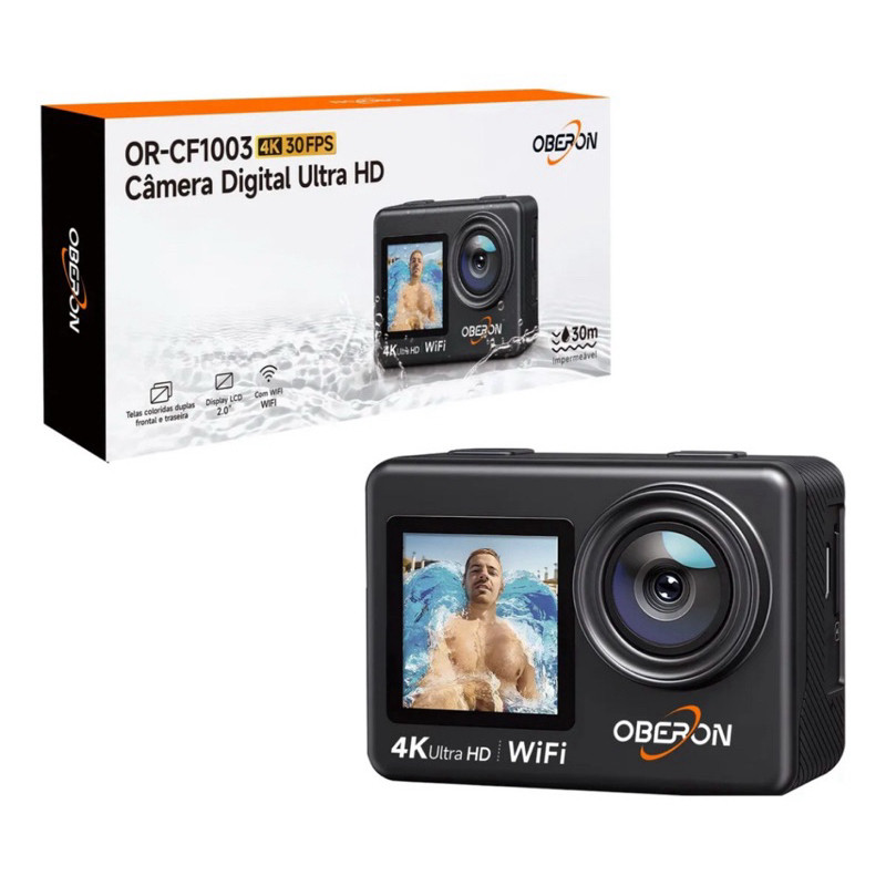 Câmera de Ação 1080P/4K com Wi-Fi Tela Dupla 120/170° Controle por App e Prova d'Água 30m