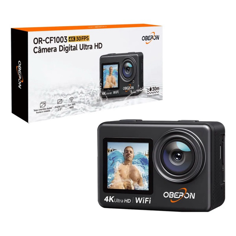 Câmera de Ação 4K OR-CF1003 com Wi-Fi Tela Dupla 170° Controle por App e Kit Acessórios Completo
