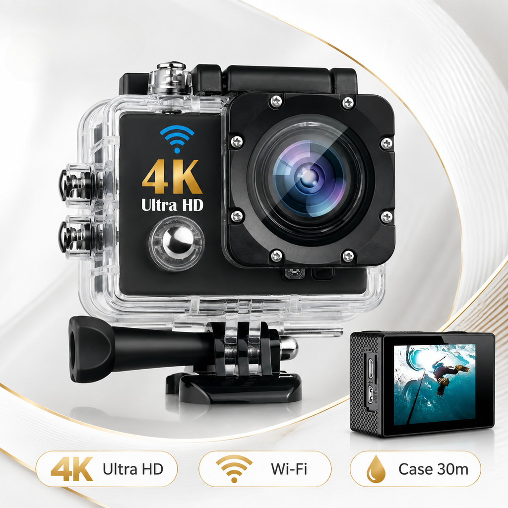 Action Camera 4K Ultra HD WiFi Câmera Esportiva com Case Estanque 30m Tela 2'' Lente 170° Kit Acessórios