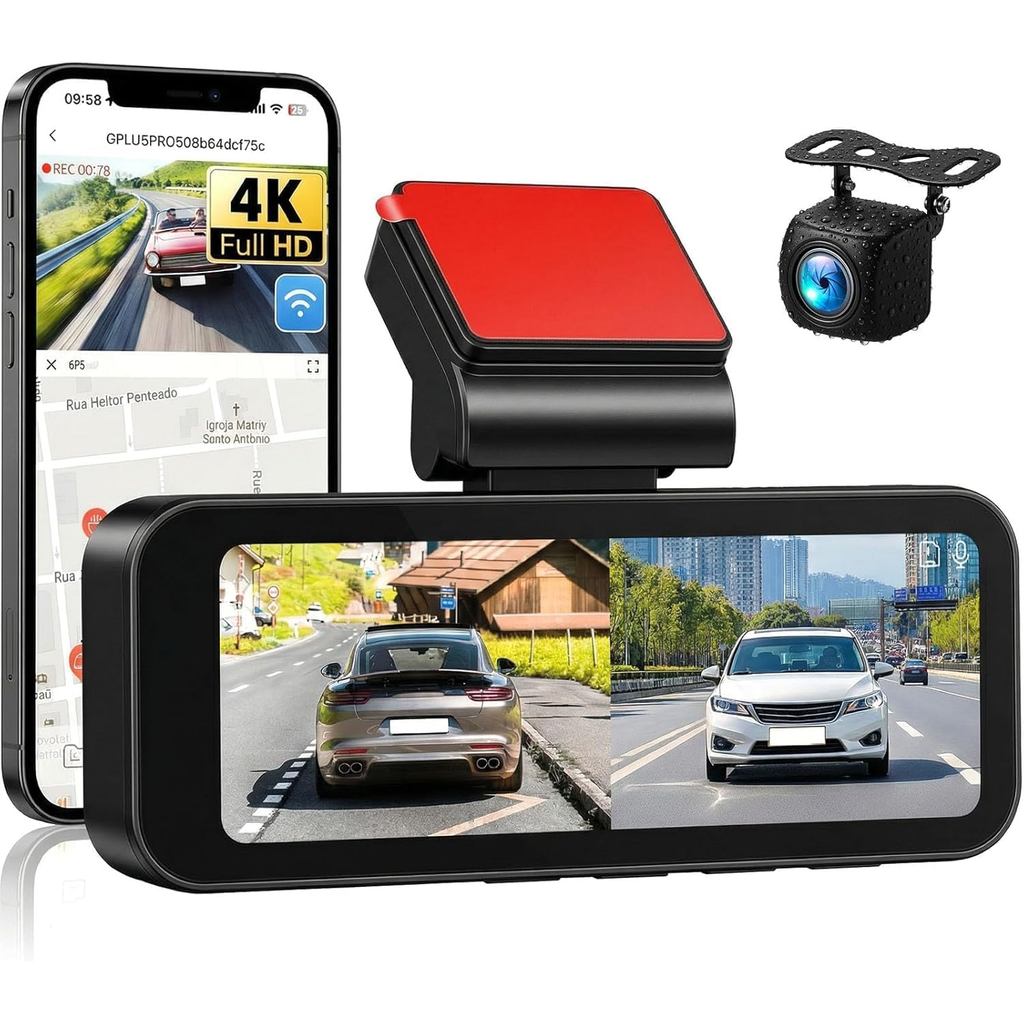 Câmera Veicular 4K Frontal e Traseira com GPS e WiFi Integrados para Carros, Sensor G, 170° ° Ângulo Amplo, Tela IPS de