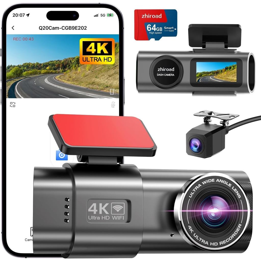 Câmera Veicular 4K Frontal e Traseira, Wi-Fi Integrado, 170 °   Ângulo Amplo, Visão Noturna, Monitoramento de Estacionam
