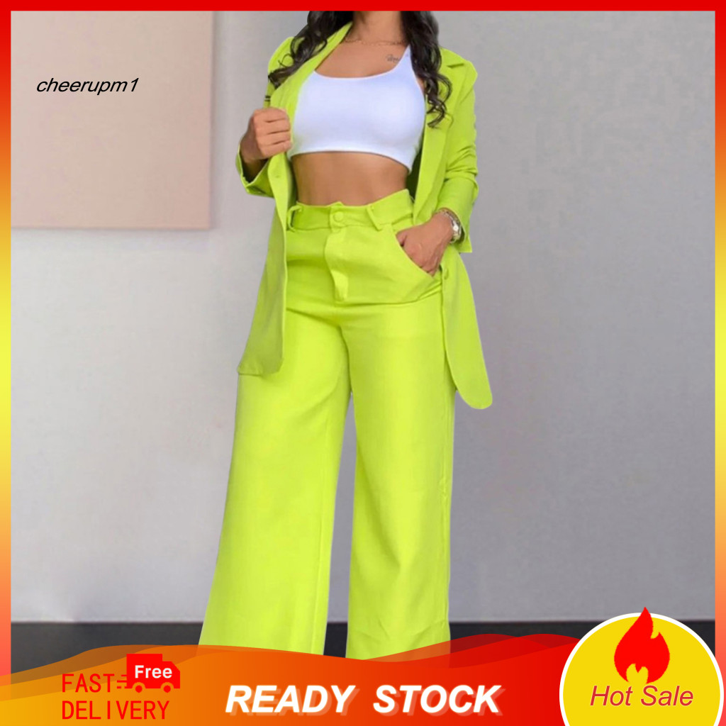 Chic Women Suit Set Polyester Blazer Women’s Two-piece Business – Long Sleeve with 2 Buttons High Waist Pants Elegan