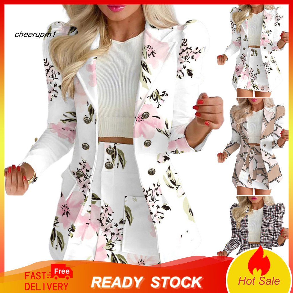 Women Two-piece Suit Coat Skirt Set 2 Pcs Women’s Formal and Flower Check Print Color Matching Long Sleeve Jacket with