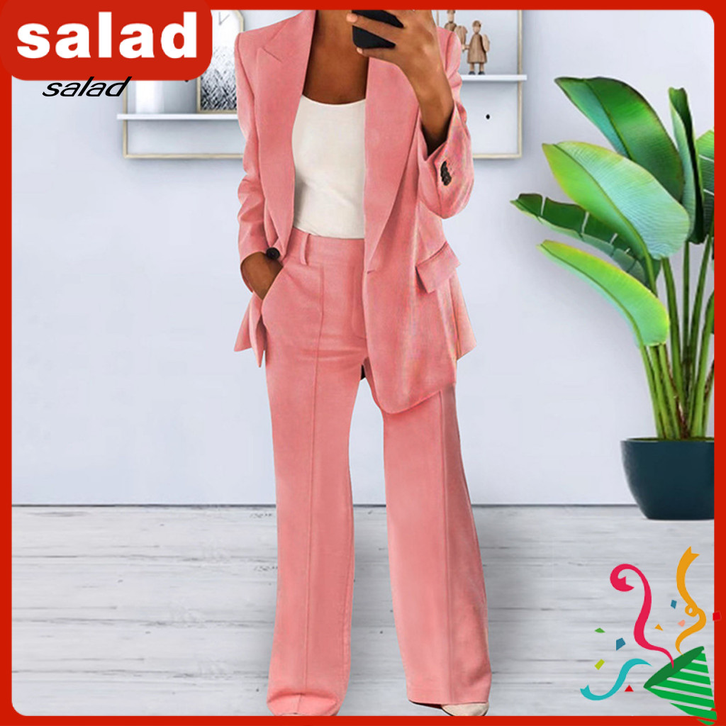 Women Polyester Two-piece Set Comfortable Summer Suit for Women’s Formal Pants – One Button Blazer Long Sleeve Trous