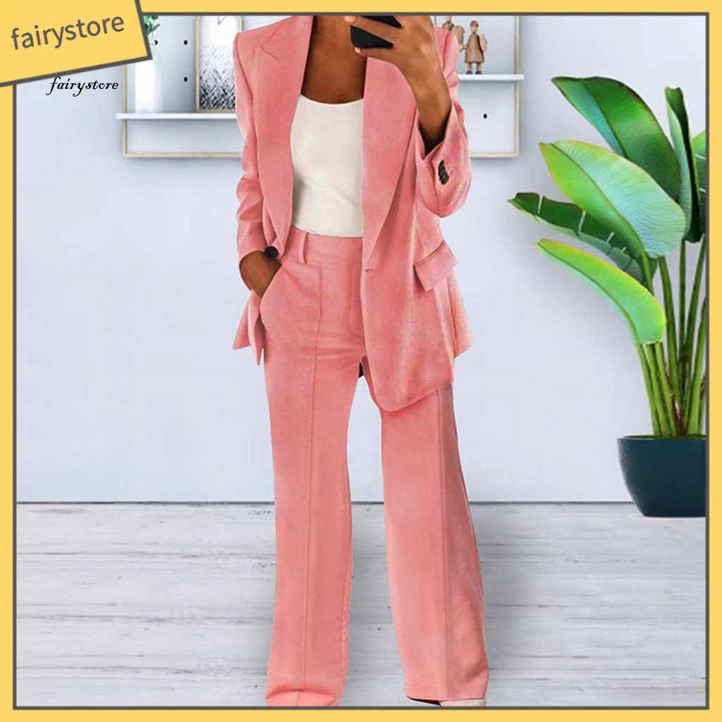 Lightweight Spring Fashion Set Women Polyester Two-piece Women’s Formal Pants Suit – One Button Blazer Long Sleeve T