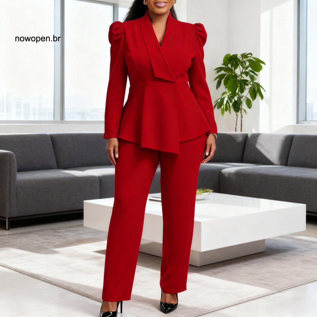 Women Blazer Suit Office Attire Set Plus Size Women’s 2 Piece Business – Long Sleeve Ruffle Irregular Hem Pants Work