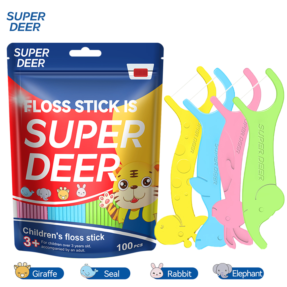Super Deer 100PCS Fio Dental Cartoon para Crianças, Fio Ultrafino e Suave, Bastão Descartável para Limpeza Interdental.