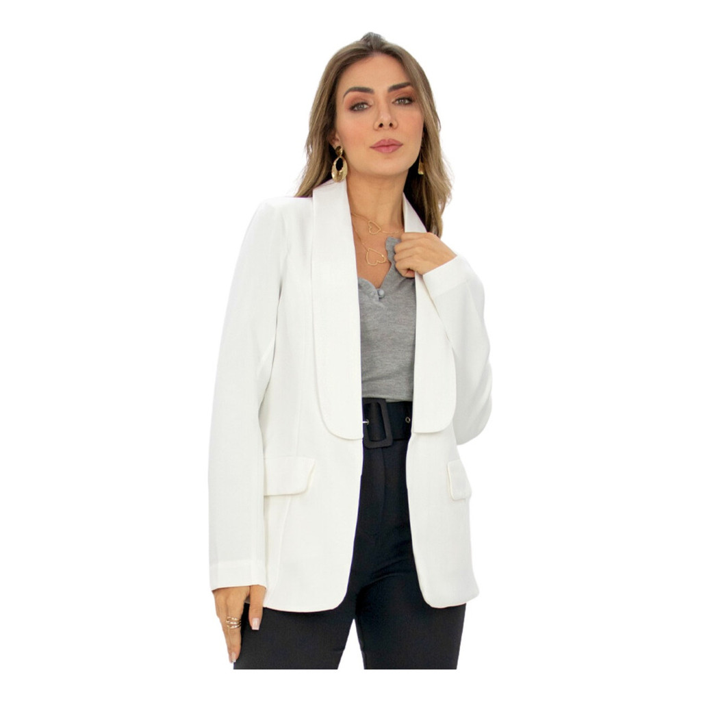 Blazer Feminino Longo Alfaiataria Manga Longa Bolsos Falsos Sem Botão
