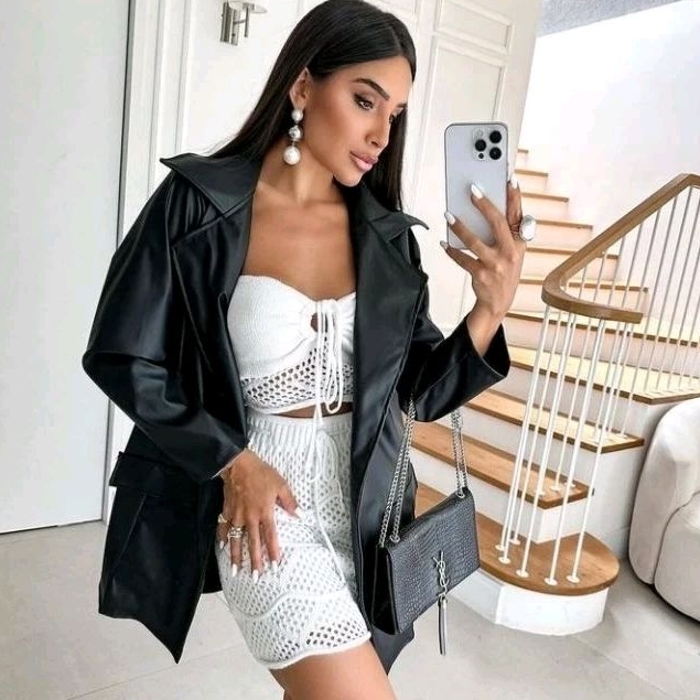 Blazer Feminino Couro Ecológico Fake Manga Longa.