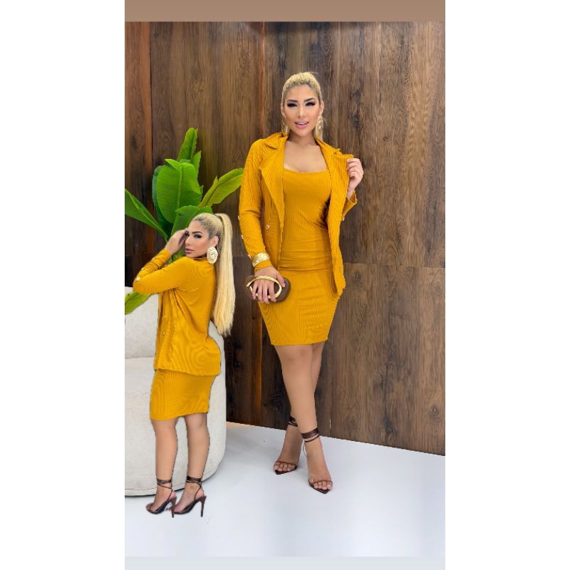 Conjunto Feminino Vestido com Blazer Manga Longa Elegante Moda Feminina