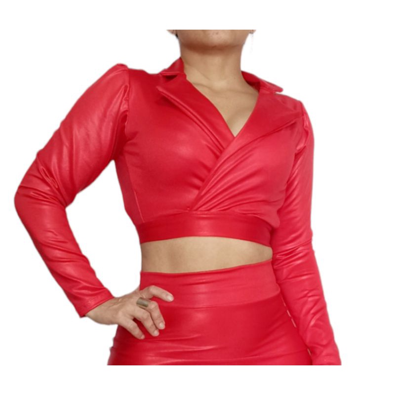 Blazer Curto Cropped Couro Fake Manga Longa Costa Nua Cirrê