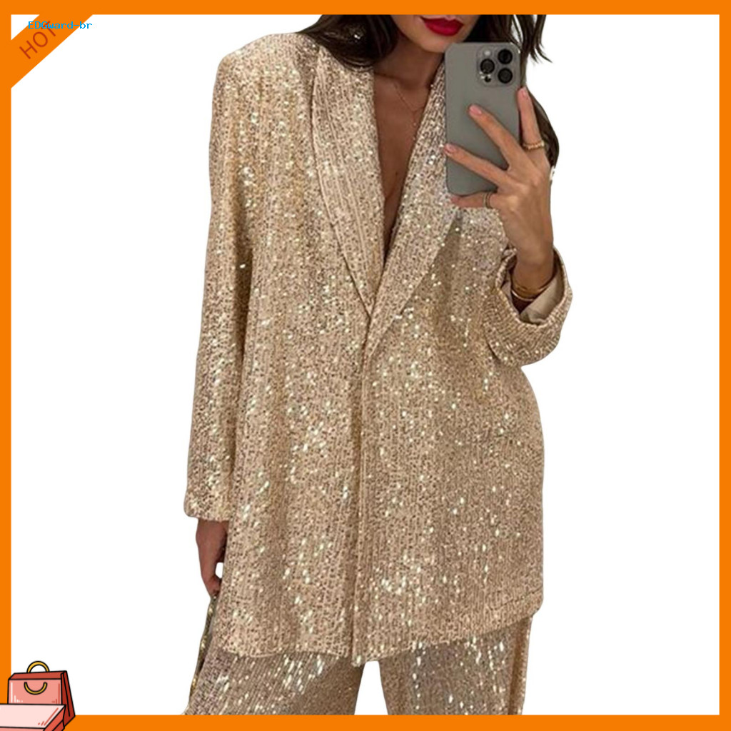 Oversized Coat Women Wide Leg Pants Women’s Sequin Shirt Trousers Set – V Neck Lapel Mid-length with Baggy Long Slee