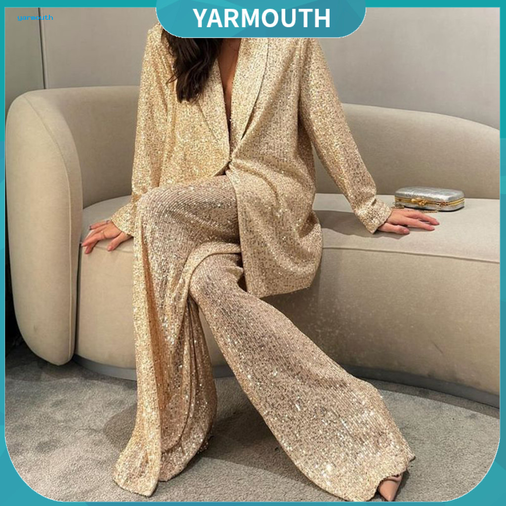 Lightweight Women Trousers Sequin Coat Women’s Shirt Wide Leg Oversized Pants Set Lapel V Neck Mid-length Baggy Long S