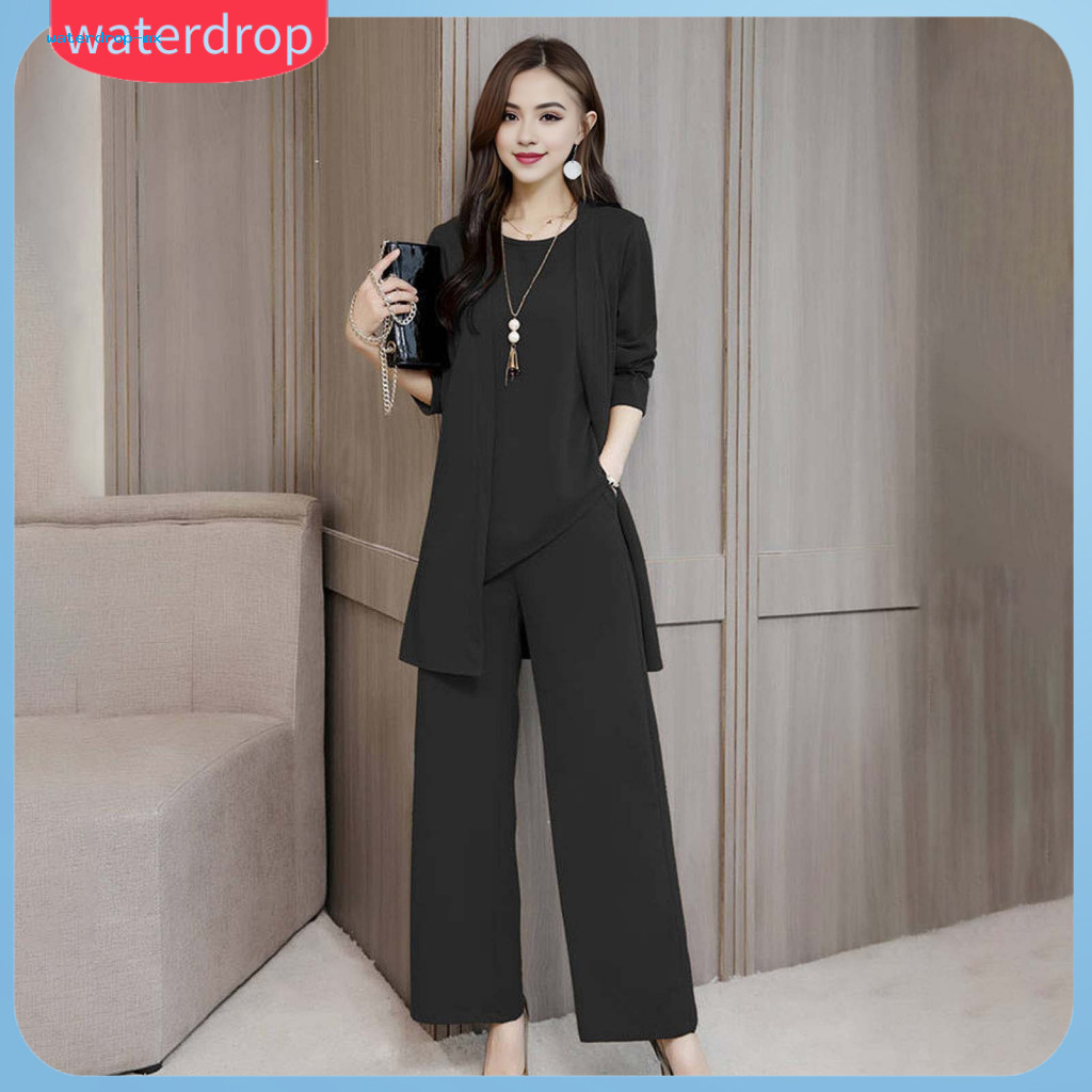 3 Pcs Women Spring Fall Outfit Set – O Neck Vest Long Sleeve Coat Wide Leg Pants Ol Commuting Wear Pure Color Stylish