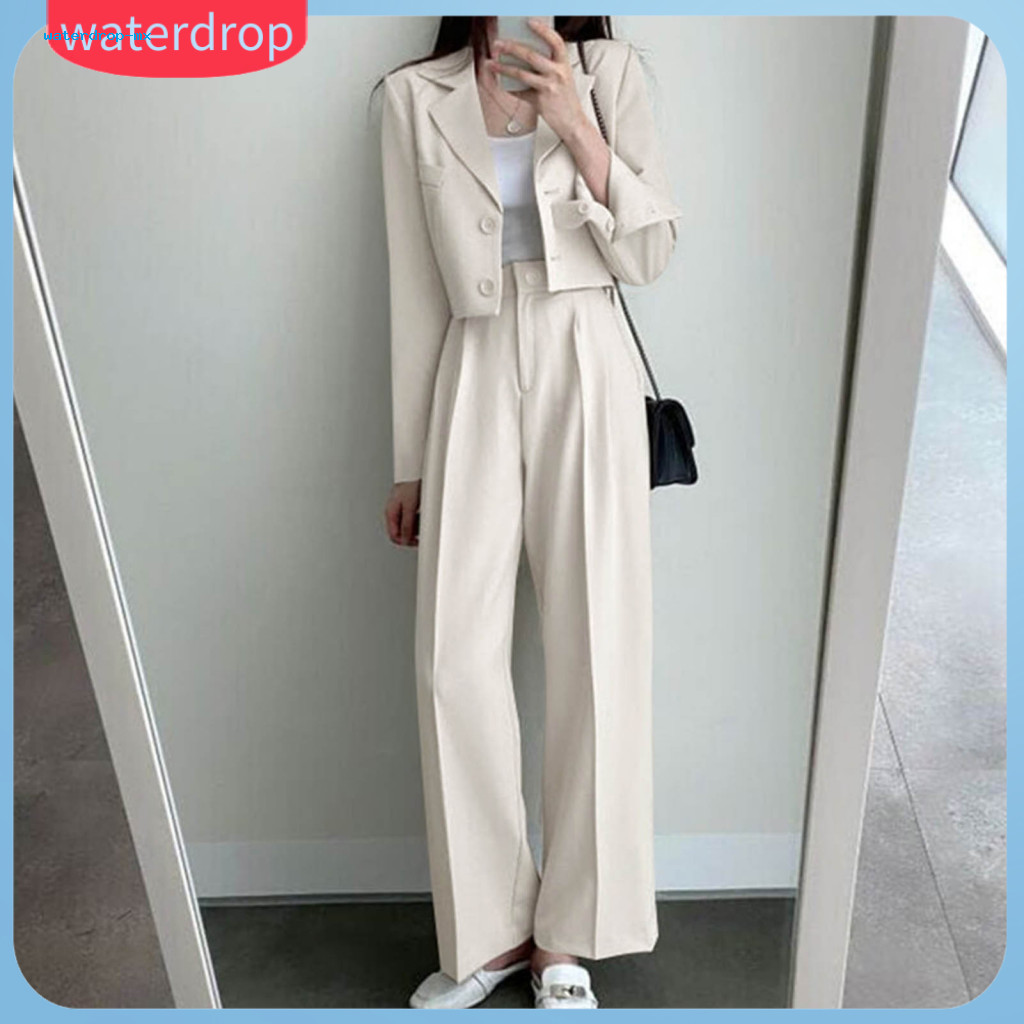 2 Pcs Women Coat and Pants Set Lapel Single-breasted Cardigan Long Sleeve Jacket with Wide Leg High Waist Trousers Forma