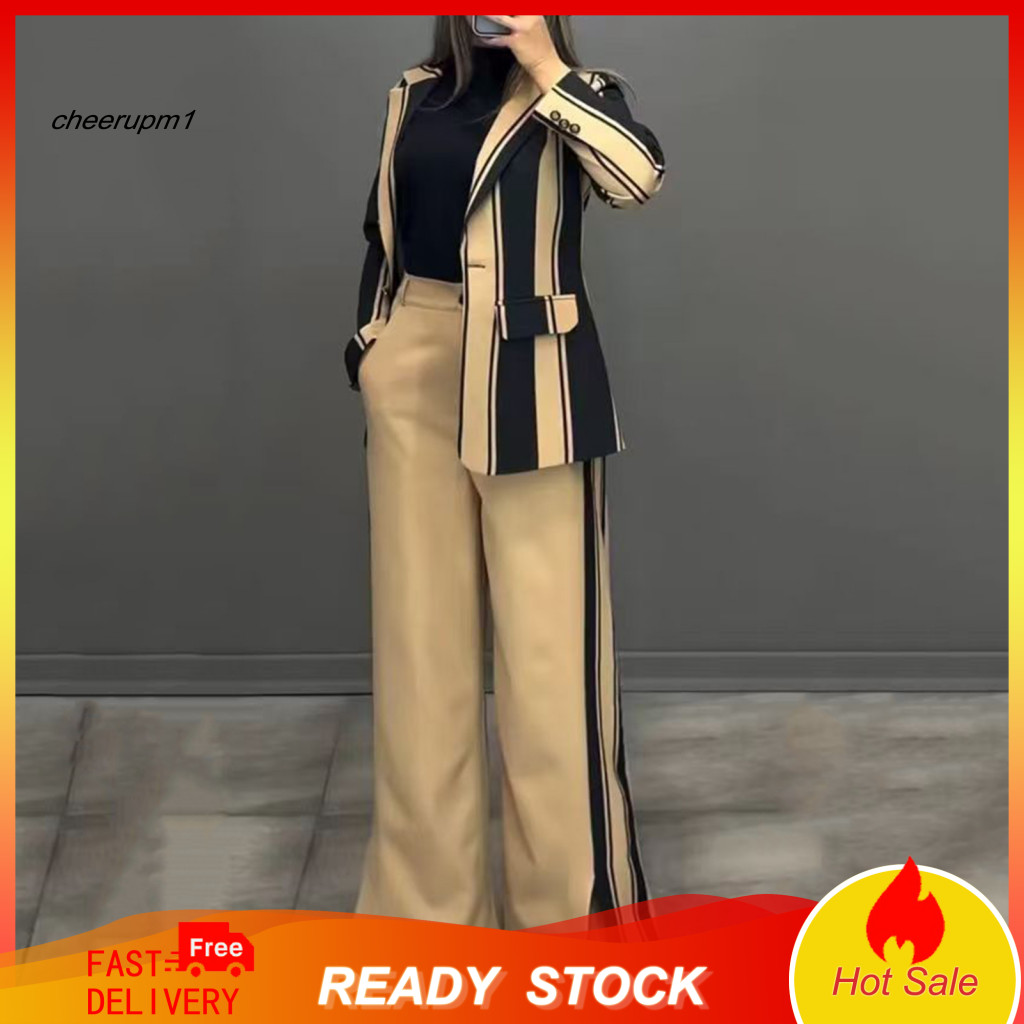 Wide-leg Pants Suit Lapel Jacket Set 2 Pcs Women Formal Business – Colorblock Striped Cardigan High Waist Flared Long