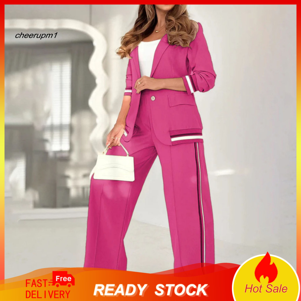 Women Top Pants Set Cardigan Coat Trousers 2 Pcs Suit – Stretchy Turn-down Collar Blazer High Waist Wide Leg Office Wo