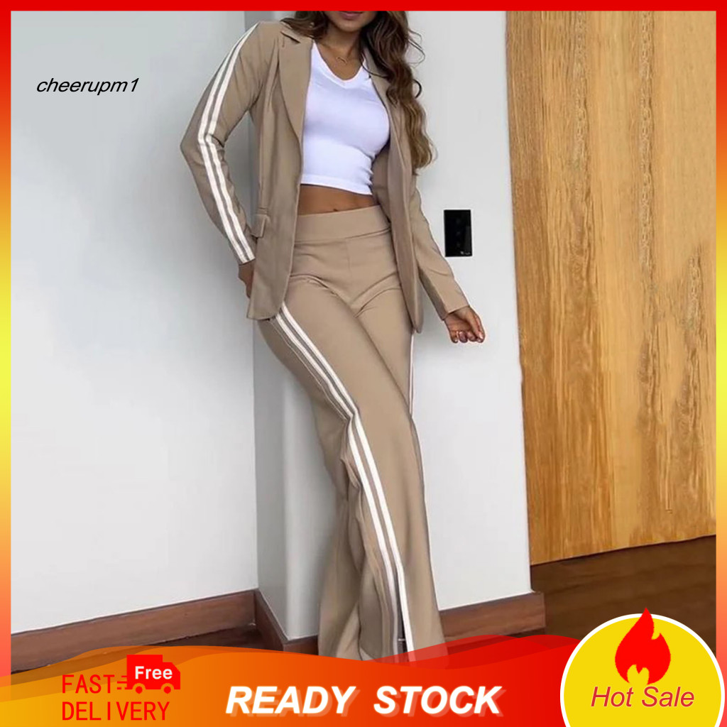 Coat Pants Set Women Shirt 2 Pcs Formal and Turn-down Collar Jacket with Long Sleeves Loose Striped Wide Leg Trousers We
