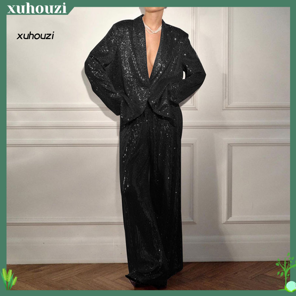 Swquin Trousers Women Wide Leg Pants Women’s Sequin Shirt Oversized Set – V Neck Lapel Mid-length Coat with Baggy Lo