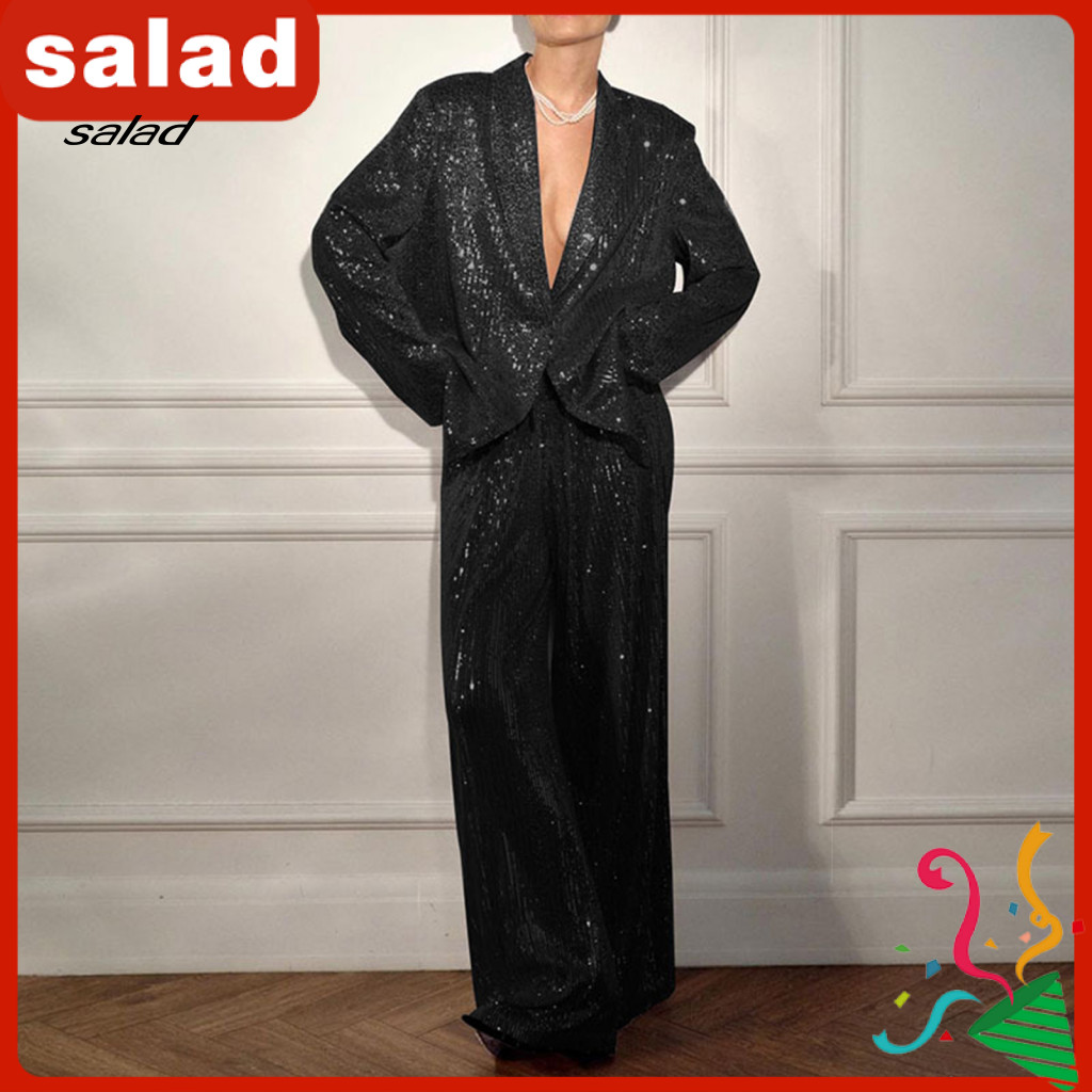 Club Sequin Pant Women Coat Women’s Shirt Wide Leg Oversized Trousers Set – V Neck Lapel Mid-length with Baggy Long