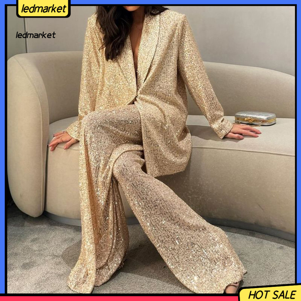 Women Wide Leg Pants Oversized Coat Women’s Sequin Shirt Trousers Set – V Neck Lapel Mid-length with Baggy Long Slee