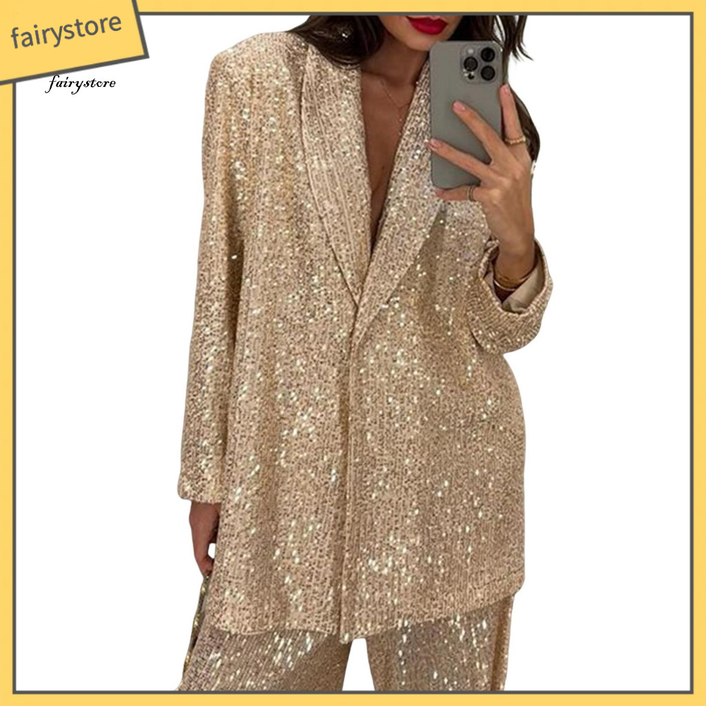 Oversized Coat Women Sequin Women’s Shirt Wide Leg Trousers Set – V Neck Lapel Mid-length with Baggy Long Sleeve Per