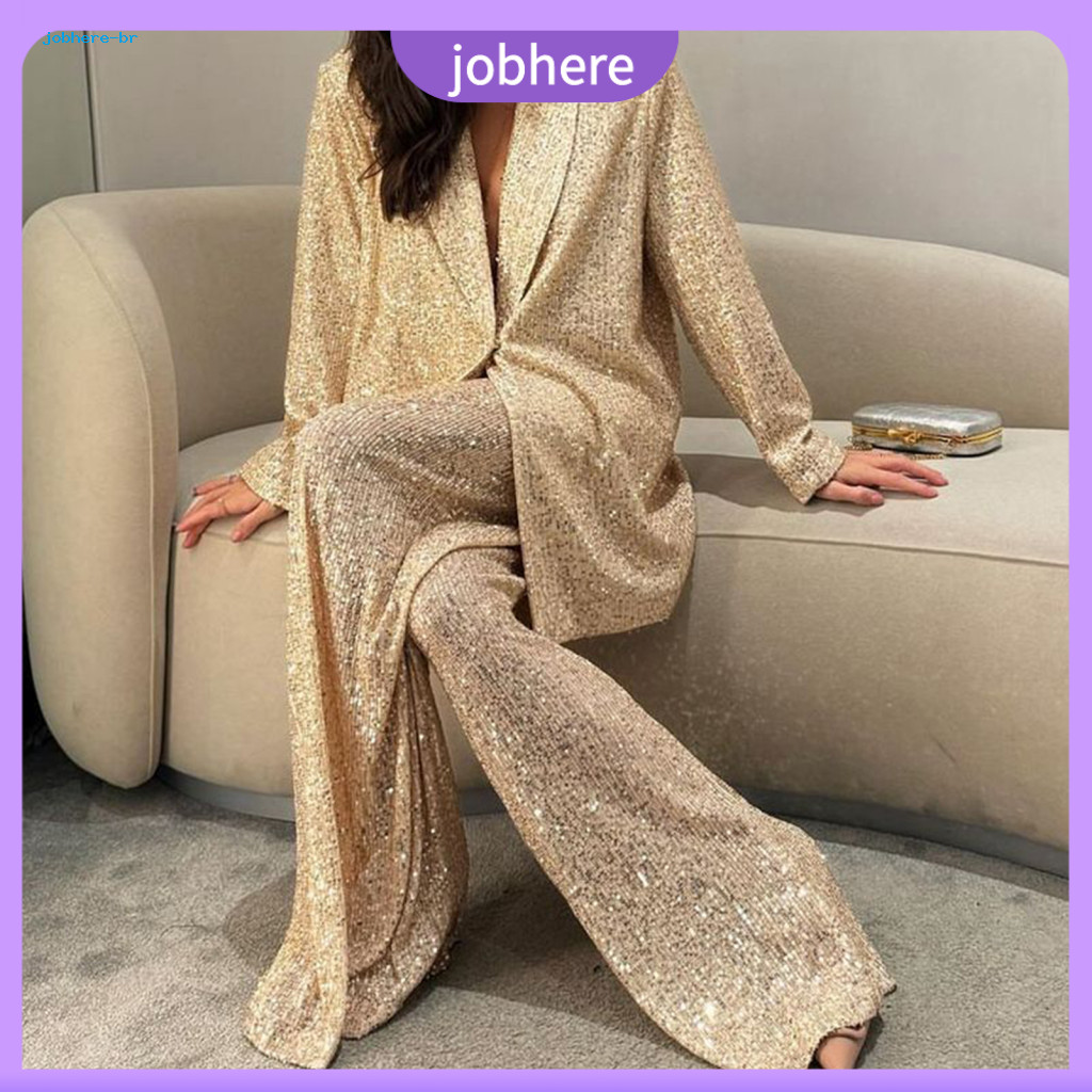 Women Loose Coat Wide Leg Pants Women’s Sequin Shirt Oversized Trousers Set – V Neck Lapel Mid-length with Baggy Lon