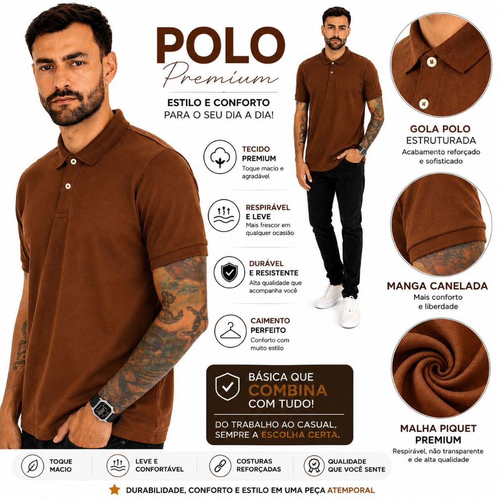 Camisa Polo Piquet com Elastano  Lisa Premium  - Casual / Chic / Casual / Formal/  MARROM