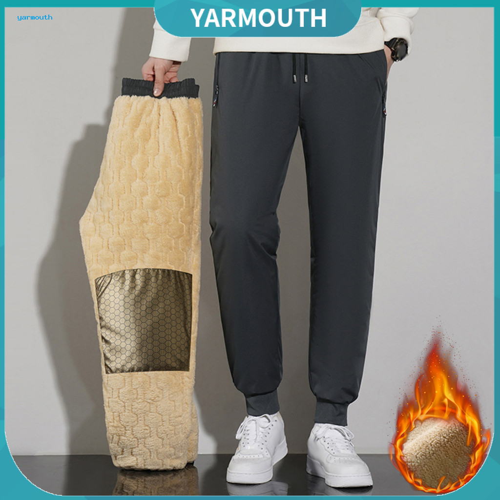 Men Thermal Pants Winter Leggings Men’s Thick Fleece Elastic Waist Drawstring Plus Size Warm Trousers with Zipper Pock
