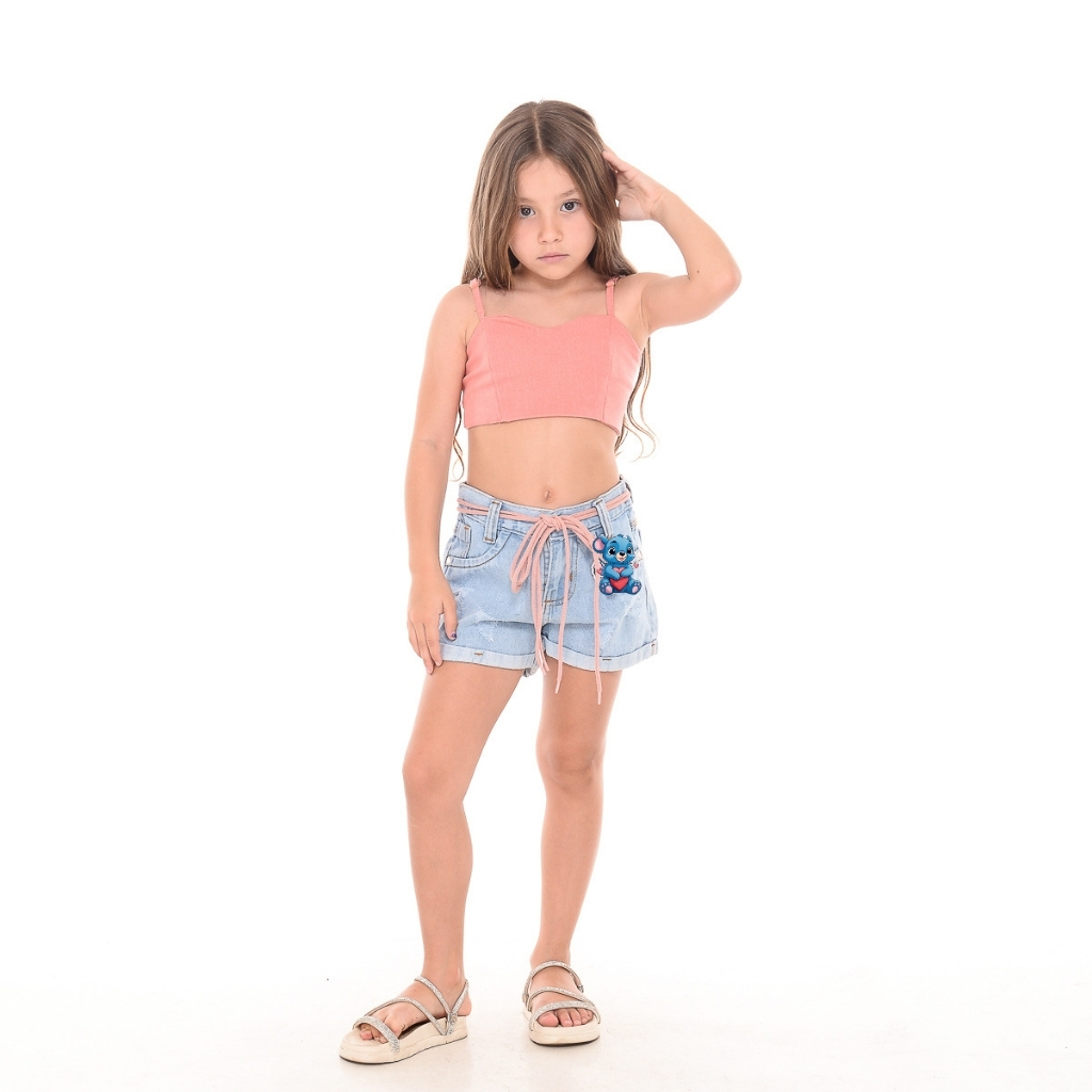 Short Jeans Infantil Menina com Cordão e Chaveiro Moda Blogueirinha