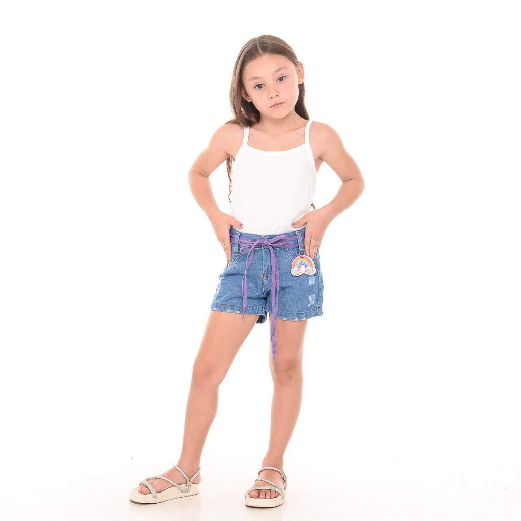 Short Jeans Infantil Menina com Cordão e Chaveiro Moda Fashionista