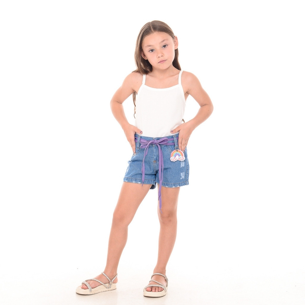 Short Jeans Infantil Menina com Cordão e Chaveiro Moda Fashionista