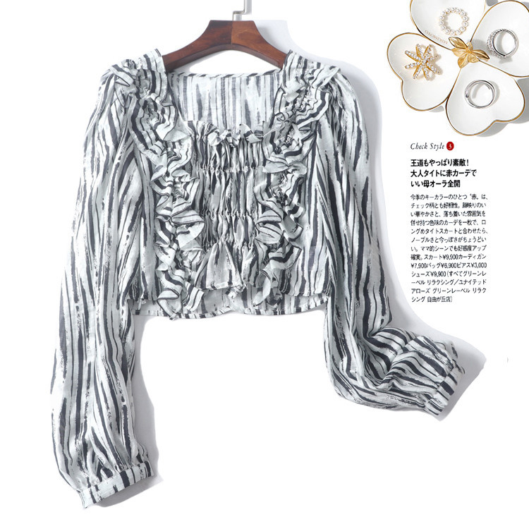 Blended ~ Fungus Lace Winding Moda Moda Moda Mostrar Clavícula Camisa Listrada Top QF0G310