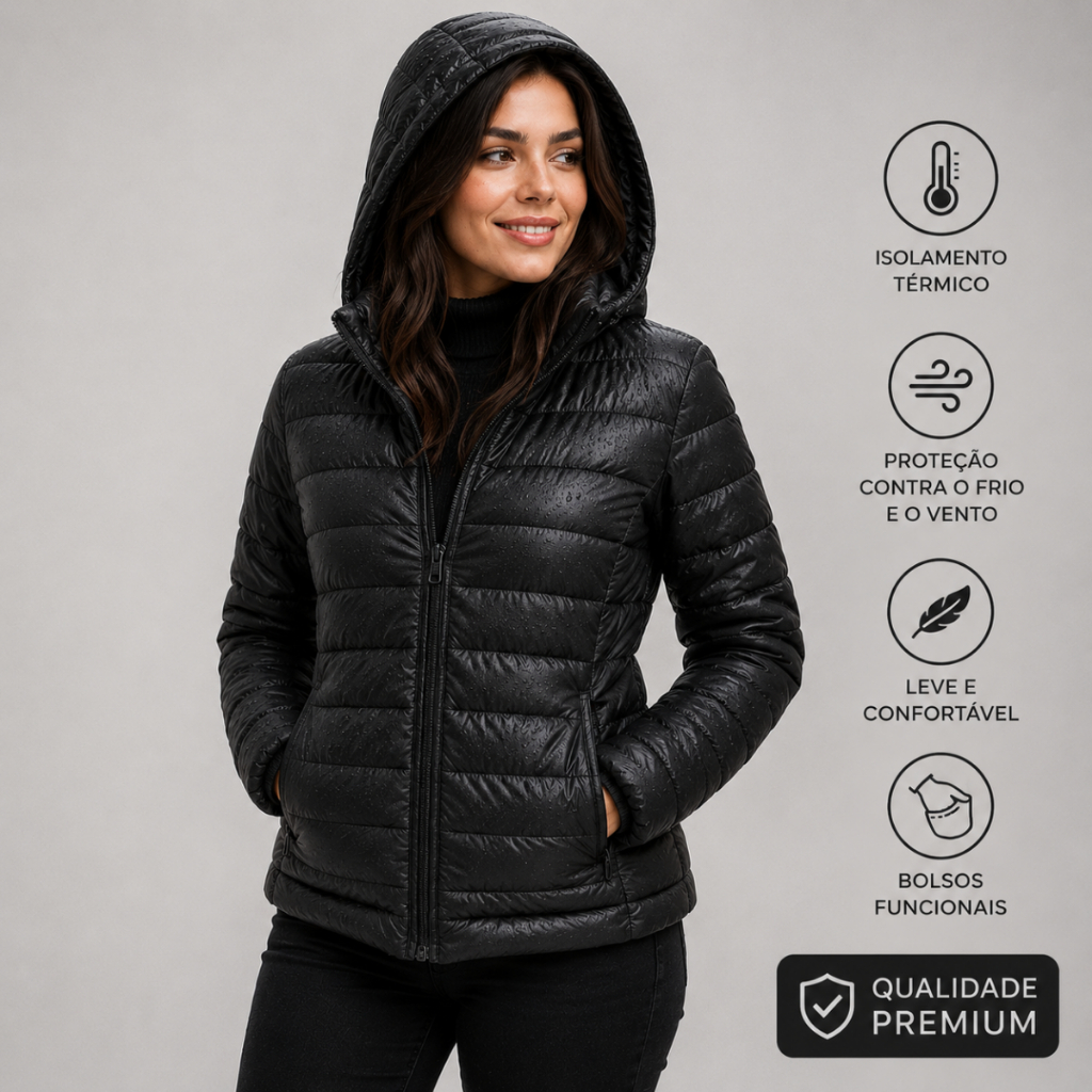 Jaqueta Feminina Puffer Bobojaco com Capuz Leve Acolchoada Impermeável