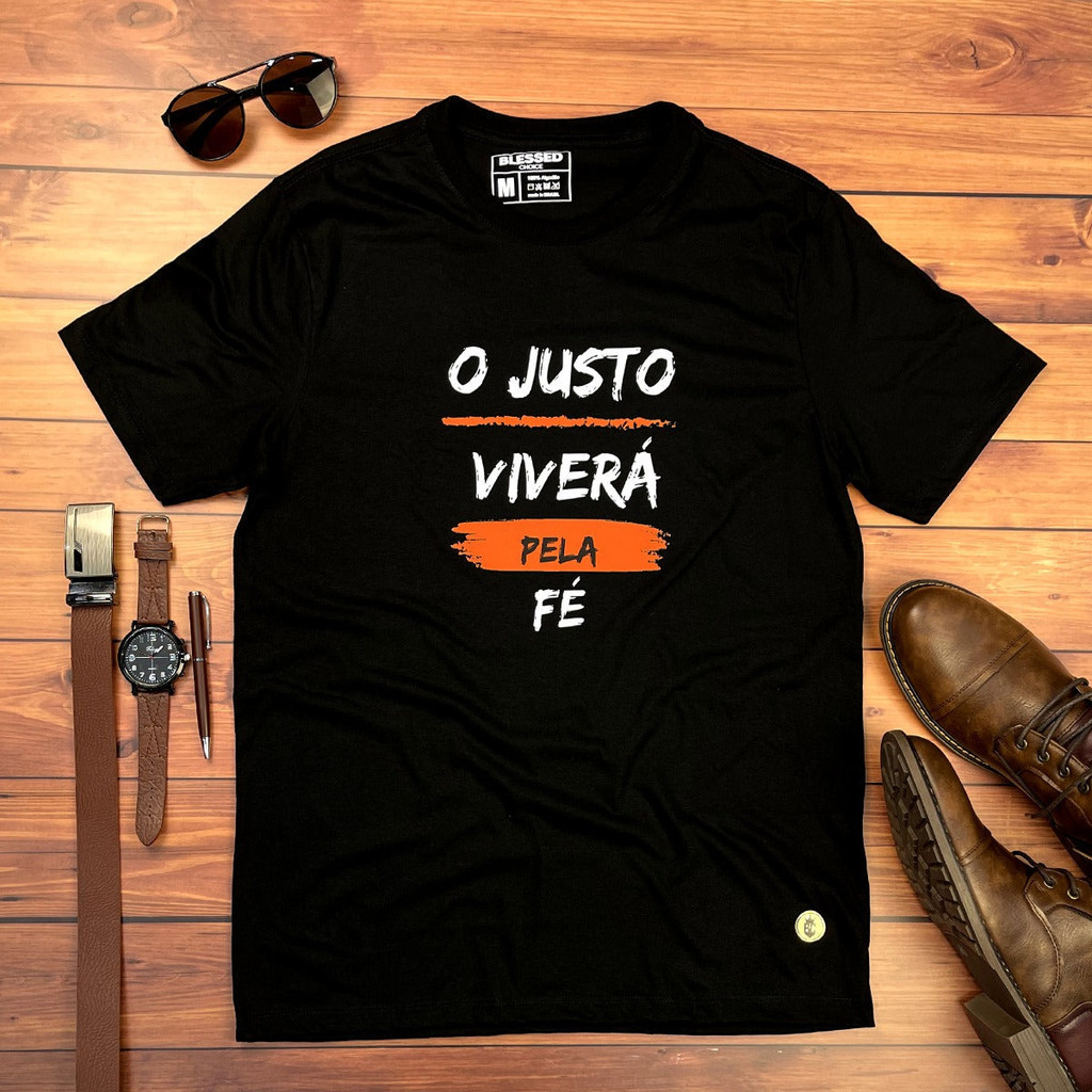 Camiseta Masculina Preta O Justo Viverá Pela Fé Regular Fit Algodão Premium Gospel Cristã Evangélica