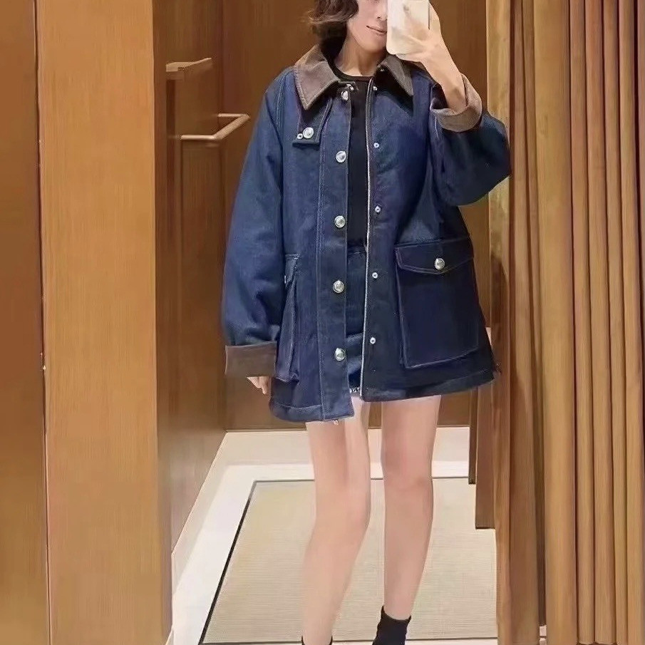 FXRI New autumn/winter unisex styles POLO Collared denim jacket with large pockets, thickened fabric, and metal buttons,