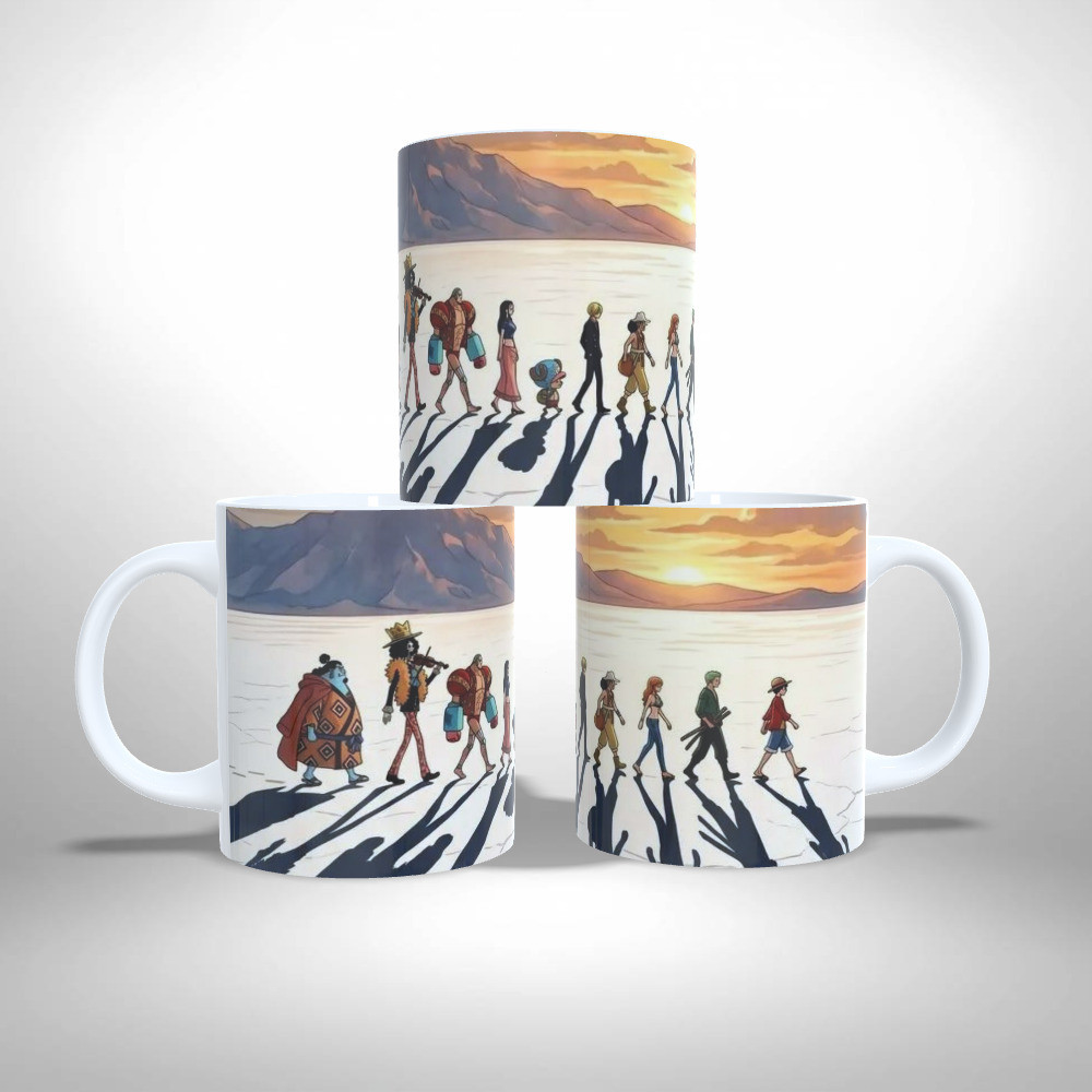 Caneca Premium Personalizada - One Piece Chapéus de Palha Caminhada ao Pôr do Sol