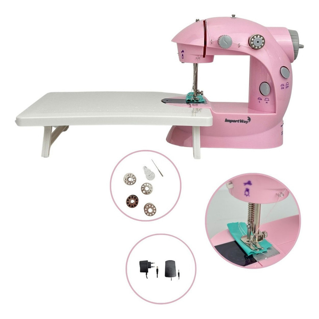 Mini Máquina de Costura Rosa c/ Mesa Importway