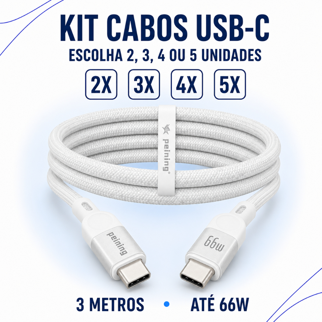 Kit 2 3 4 ou 5 Cabos Turbo 66W USB-C para USB-C Peining 3 Metros Nylon Trançado Reforçado Branco