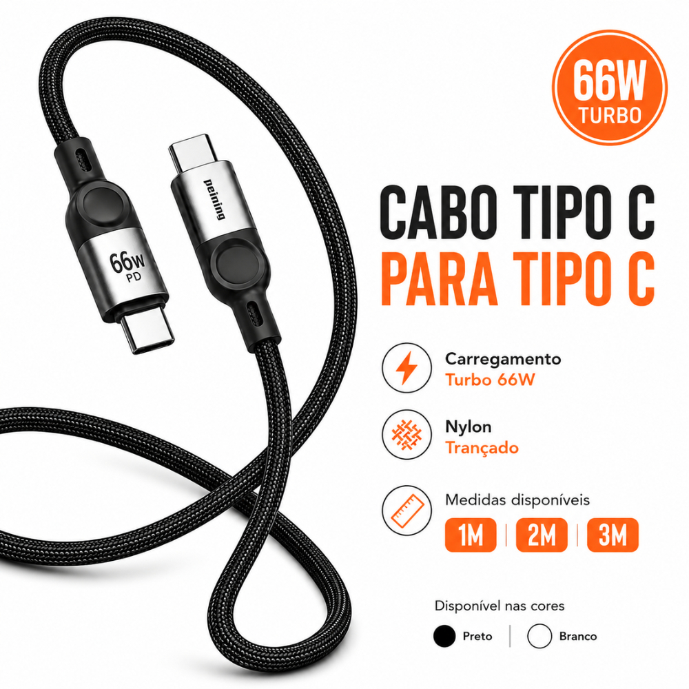 Cabo Tipo C Para Tipo C Turbo 66W 1M/2M/3M Nylon Trançado USB C Carregador Celular Iphone Android