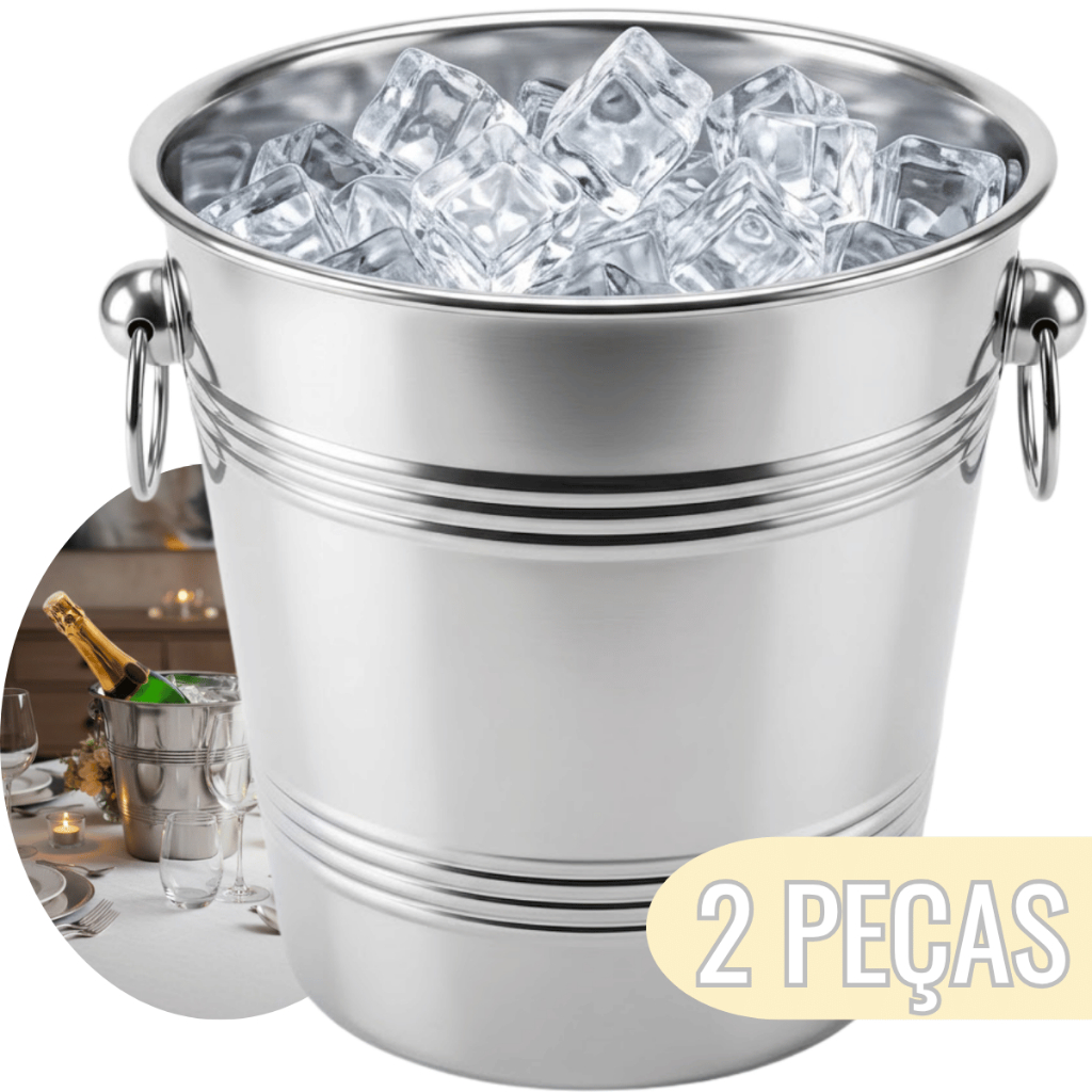 Conjunto 2 Balde 4L Inox para Gelo e Champanhe com Duas Alças 24cm Servir Vinho Bebidas Elegante