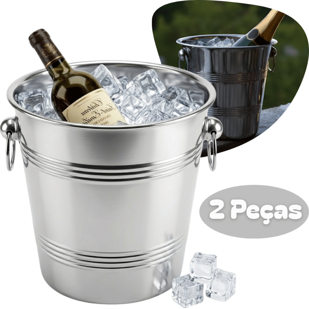 2 Balde Champagne 4L Aço Inox Elegante Servir Champanhe 24cm Duas Alças Argolas Garrafas Gelo Vinho