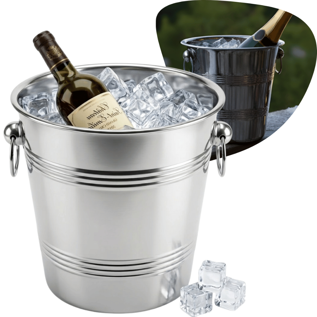 Balde Champagne 4L Aço Inox Elegante Servir Champanhe 24cm Duas Alças Argolas Garrafas Gelo Vinho