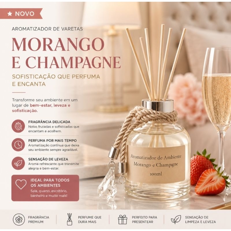 Aromatizador/Difusor de ambiente (varetas) Morango com Champagne  100ml perfume para casa, aroma doce e elegante